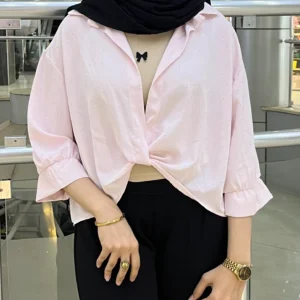 شومیز نگینی همراه کراپ سفید رنگ صورتی | گیلاس بانو